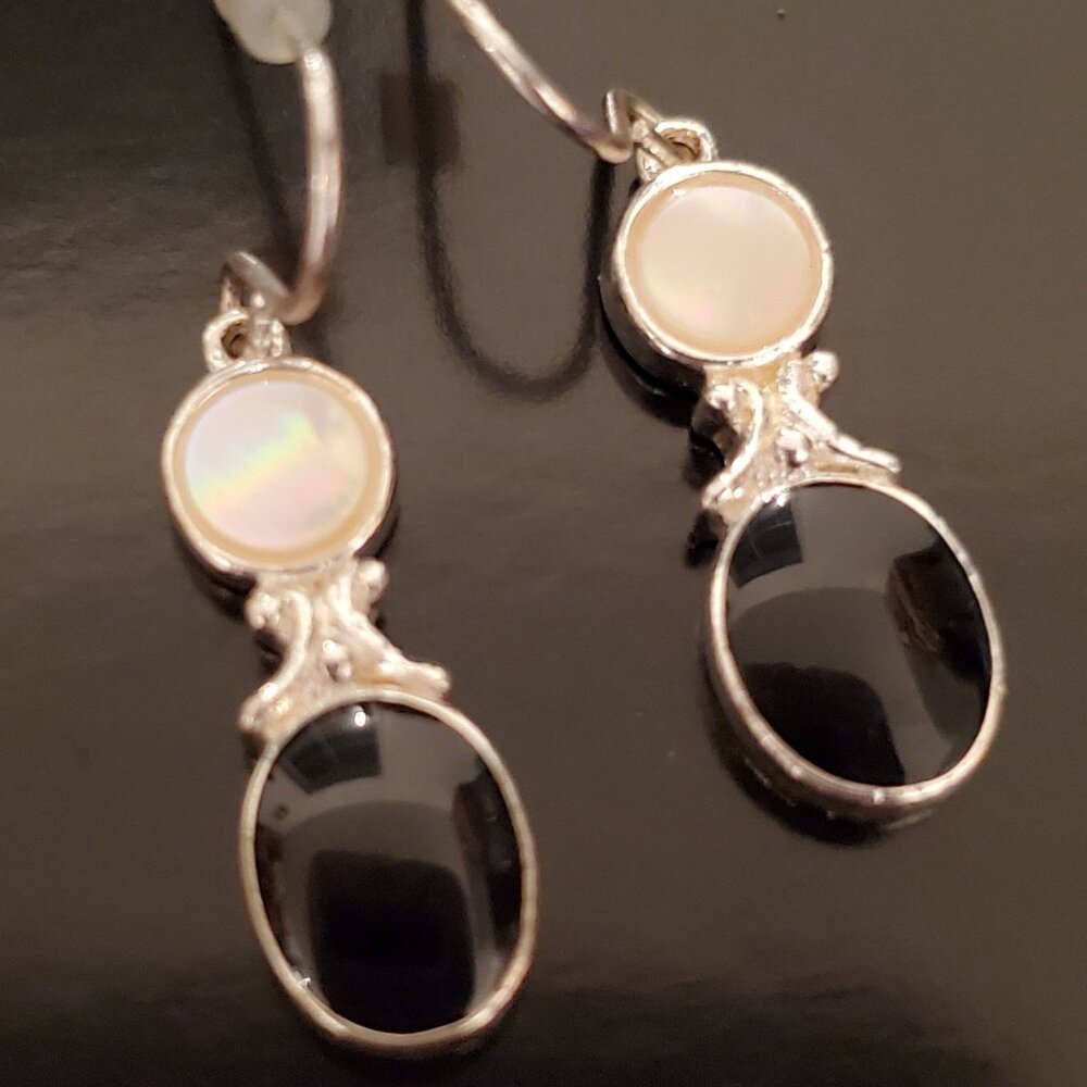 Silver Dangle Earrings‎ With Mother Of Pearl And Black Onyx